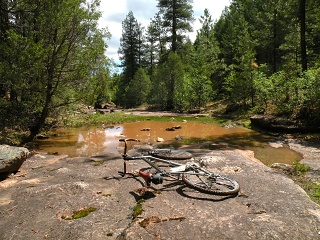 DBR (Diamond Back Racing) US made Ti MTB; custom steel fork; customized Bruce Gordon front rack; Zuni Mountains, circa 2018.