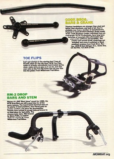 A 1980s magazine "cool stuff" page. Post 1986; note the indexed Shimano thumbshifters. The stem, by Steve Potts, has a removable face plate. Potts's LD stems tend to have less of an arc of the circle than, say, the Ibis LD stems.. 