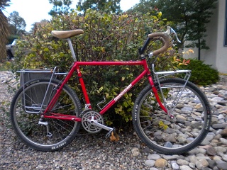 A late 1980s Grant Petersen era Japan made Bridgestone MB-3 converted to a utility bicycle. Nitto rear; Pass and Stow front racks; sold in the summer of 2015.