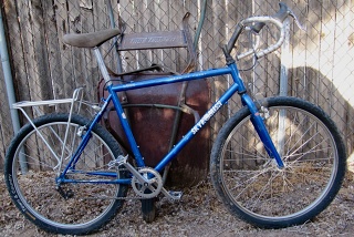 June 2026, my latest sub-beater, a garage sale Costco Skyomish, labeled Tange tubing MTB, ca. mid 1990s; its weight is an argument against inexpensive oversized tubing; only the headset, seatpost, brake calipers & frame & fork are original. 